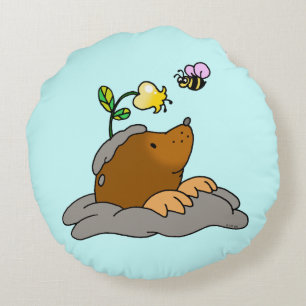 cute mole cartoon with a flower bee round cushion
