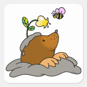cute mole cartoon with a flower bee square sticker