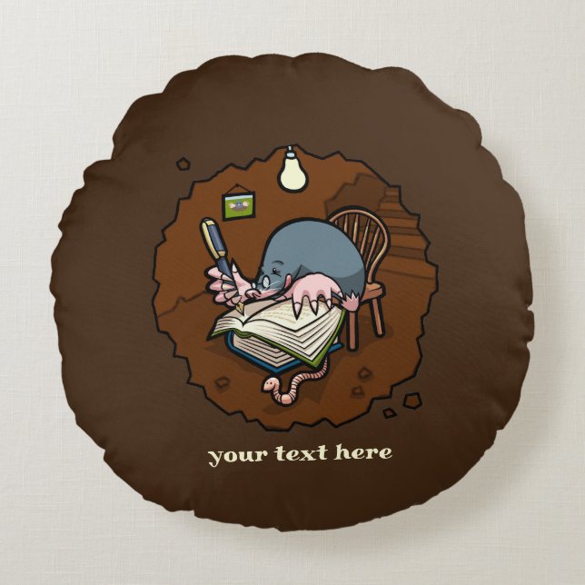 Cute Mole Writer Cartoon Custom Text Writing Gift Round Cushion (Front)
