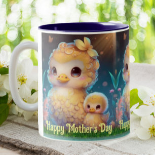 Cute Mom and Baby Duck in Garden Mother's Day Art Two-Tone Coffee Mug