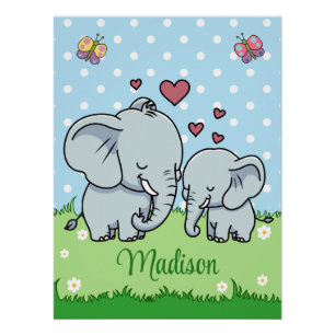 Cute Mom and Baby Elephant, Personalized  Poster