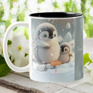 Cute Mom & Baby Penguin Snow Personalized Two-Tone Coffee Mug