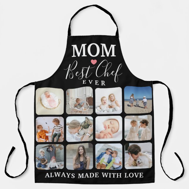 Cute 'MOM' Best Chef Ever Modern 12 Photo Collage Apron (Front)