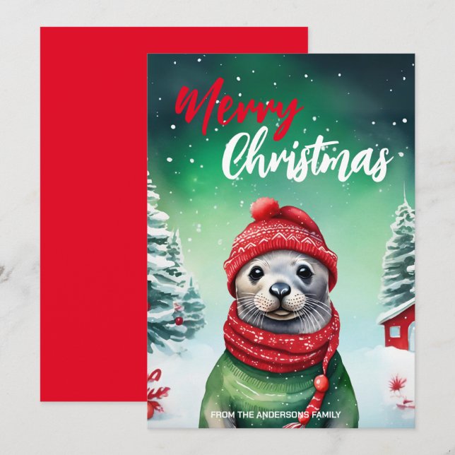 Cute MOM kid Seal santa Christmas Holiday name Card (Front/Back)