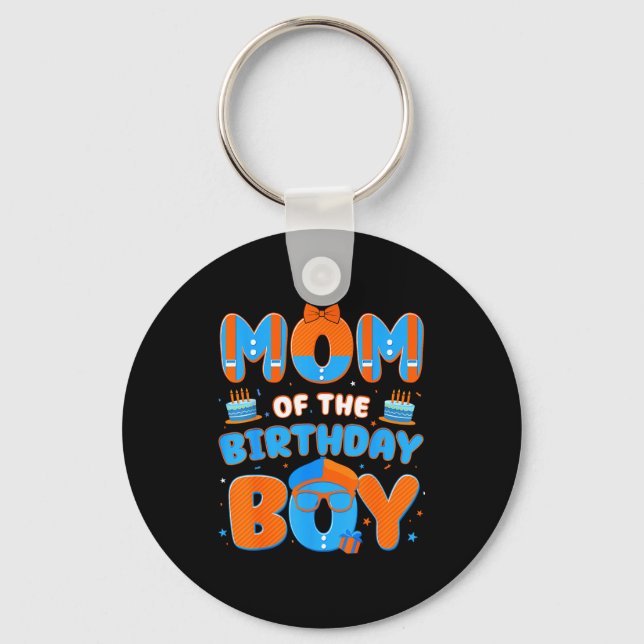 Cute Mom Of The Birthday Boy Matching Blue Orange  Key Ring (Front)