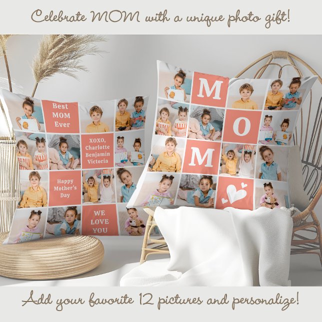 Cute MOM Personalised 12 Photo Collage Coral Peach Cushion (Creator Uploaded)