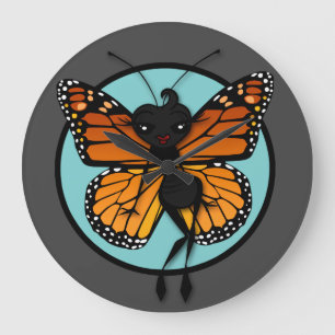 CUTE MONARCH BUTTERFLY LADY LARGE ROUND WALL CLOCK