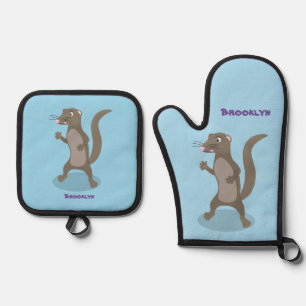 Cute mongoose cartoon illustration oven mitt & pot holder set