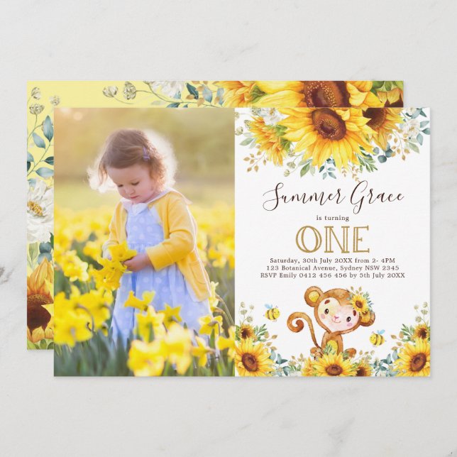Cute Monkey 1st Birthday Sunflower Gold Greenery Invitation (Front/Back)