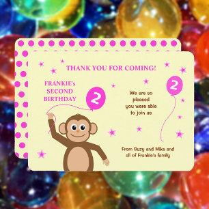 Cute monkey 2nd birthday party pink thank you card