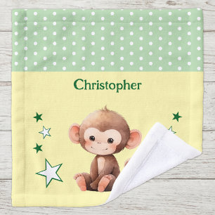 Cute monkey add name polka dots stars green wash cloth
