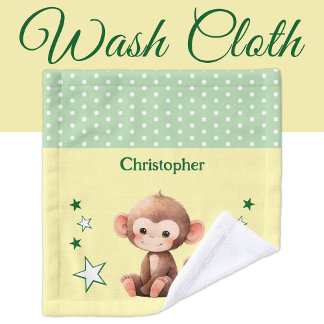 Cute monkey add name polka dots stars green wash cloth