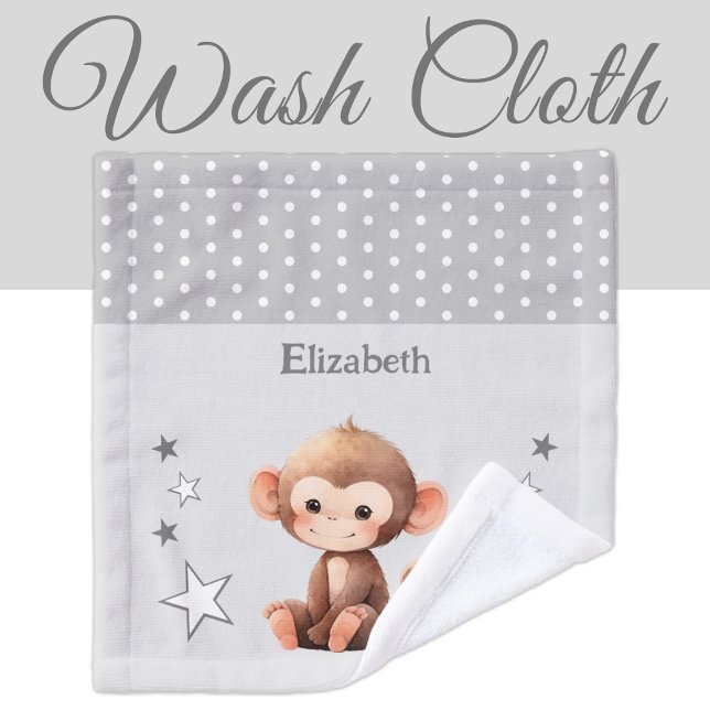 Cute monkey add name polka dots stars grey wash cloth (Creator Uploaded)
