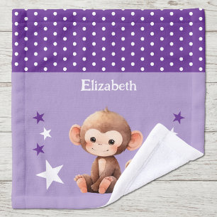 Cute monkey add name polka dots stars purple wash cloth