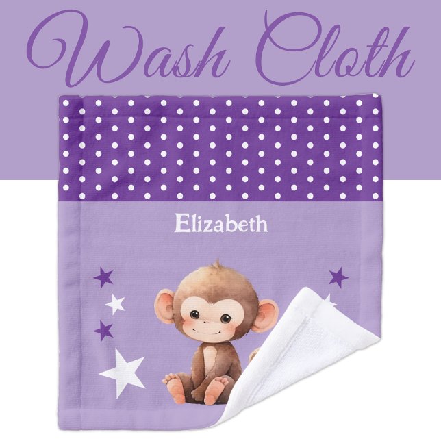 Cute monkey add name polka dots stars purple wash cloth (Creator Uploaded)