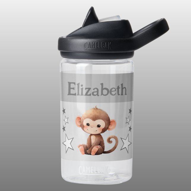 Cute monkey add name with stars kids grey water bottle (Creator Uploaded)