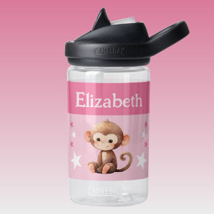 Cute monkey add name with stars kids pink water bottle