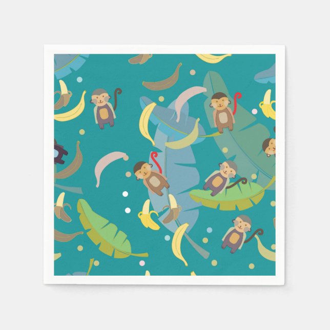 Cute Monkey and Bananas in Tree Pattern Birthday Napkin (Front)