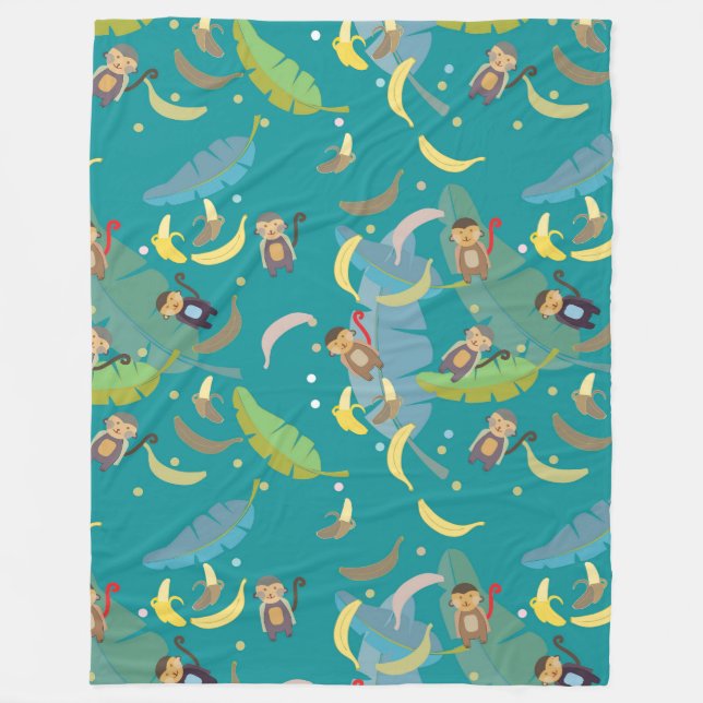 Cute Monkey and Bananas in Tree Pattern Fleece Blanket (Front)