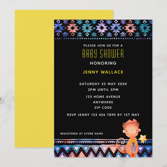 Cute Monkey Baby Shower Black background Invitation (Front/Back)