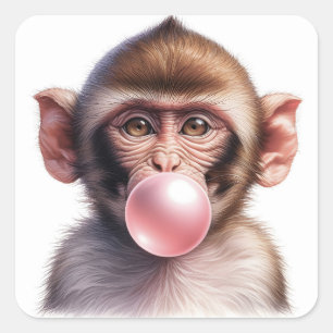 Cute Monkey Blowing Bubbles Bubble Gum Square Sticker