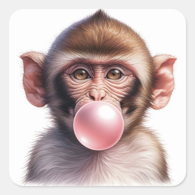 Cute Monkey Blowing Bubbles Bubble Gum Square Sticker (Front)