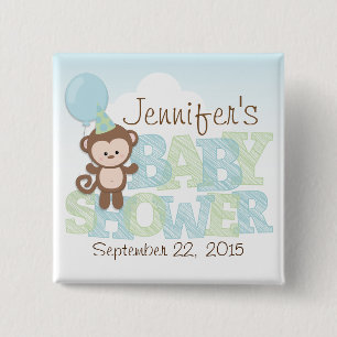 Cute Monkey; Blue & Green Baby Shower 15 Cm Square Badge