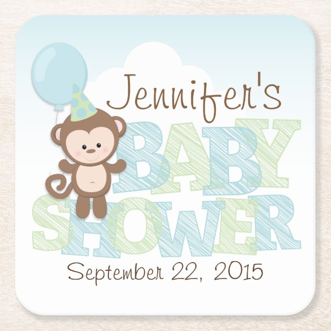 Cute Monkey; Blue & Green Baby Shower Square Paper Coaster (Front)