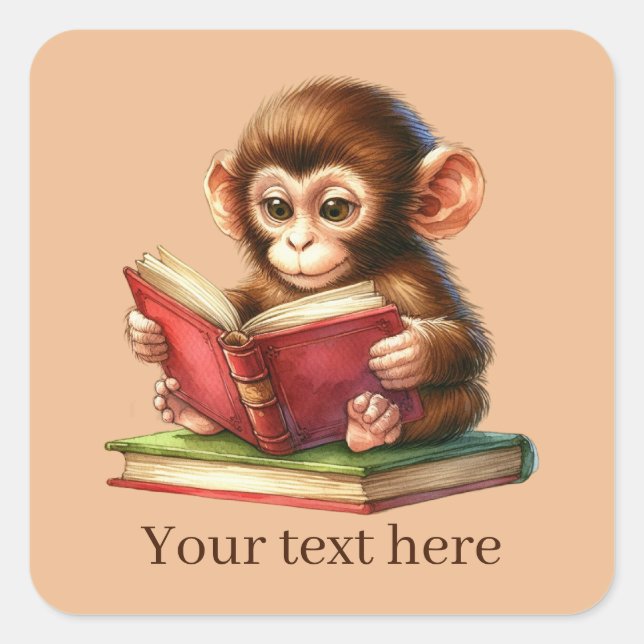 Cute monkey book lovers square sticker (Front)