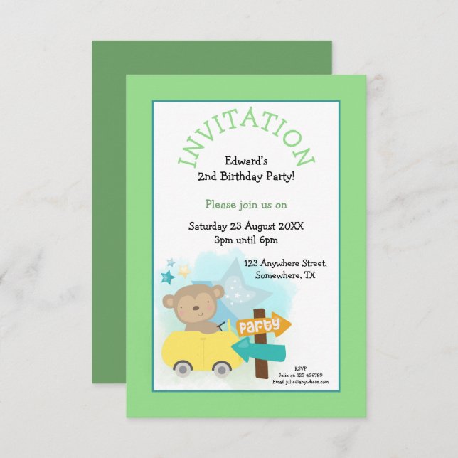 Cute Monkey Car Boy Birthday Party Green Invitation (Front/Back)