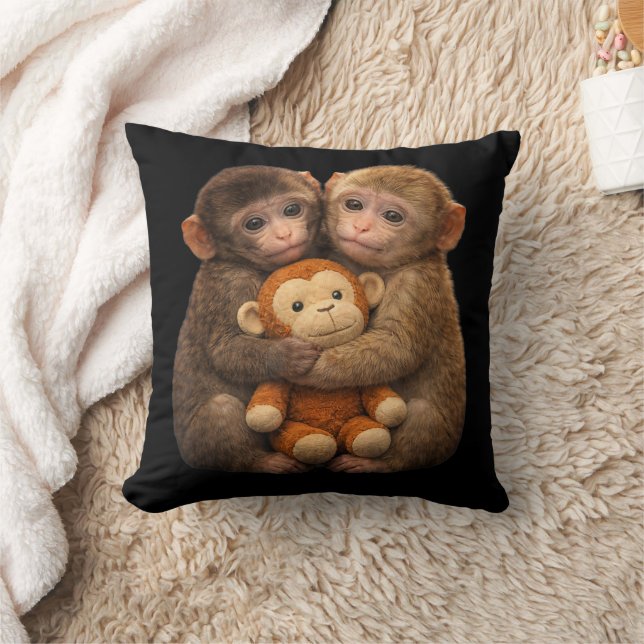 Cute Monkey Couple Hugging Monkey Punch Plush Art Cushion (Blanket)