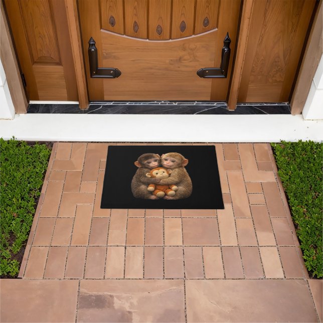 Cute Monkey Couple Hugging Monkey Punch Plush Art Doormat (Outdoor)