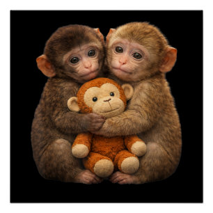 Cute Monkey Couple Hugging Monkey Punch Plush Art Poster