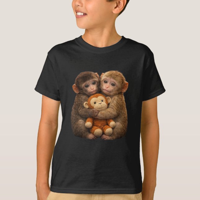 Cute Monkey Couple Hugging Monkey Punch Plush Art T-Shirt (Front)