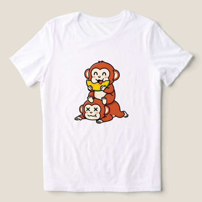 Cute Monkey Eating Watermelon Funny Stack Art Tri-Blend Shirt (Design Front)