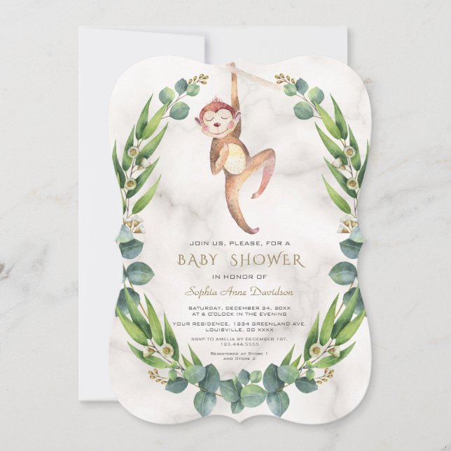 Cute Monkey Eucalyptus Wreath Baby Shower Invitation (Front)