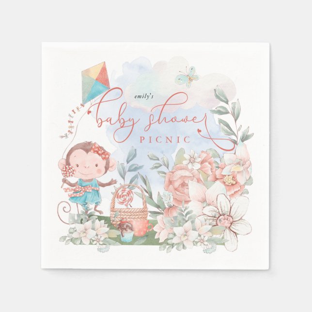 Cute Monkey Florals Nature Baby Shower Picnic Napkin (Front)