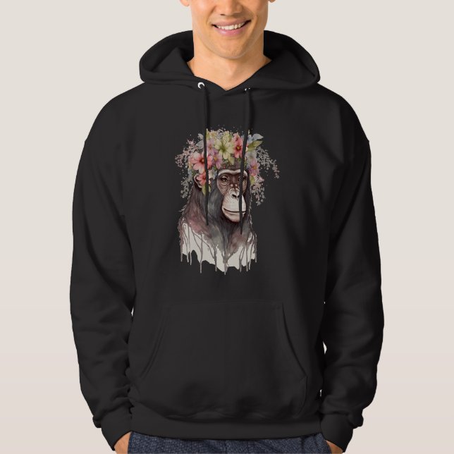 Cute Monkey Flower Crown Floral Watercolor Hoodie (Front)