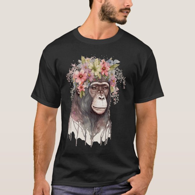 Cute Monkey Flower Crown Floral Watercolor T-Shirt (Front)