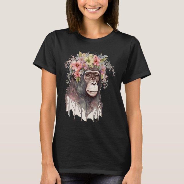 Cute Monkey Flower Crown Floral Watercolor T-Shirt (Front)
