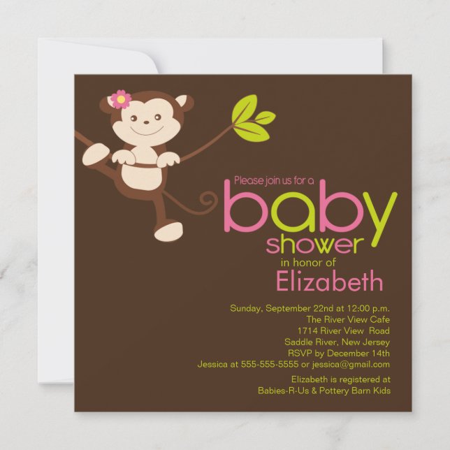 Cute Monkey Girl Baby Shower Invitation (Front)