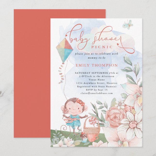 Cute Monkey Girl Kite Baby Shower Picnic  Invitation (Front/Back)