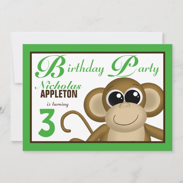 Cute Monkey Green Birthday Party Invitations (Front)