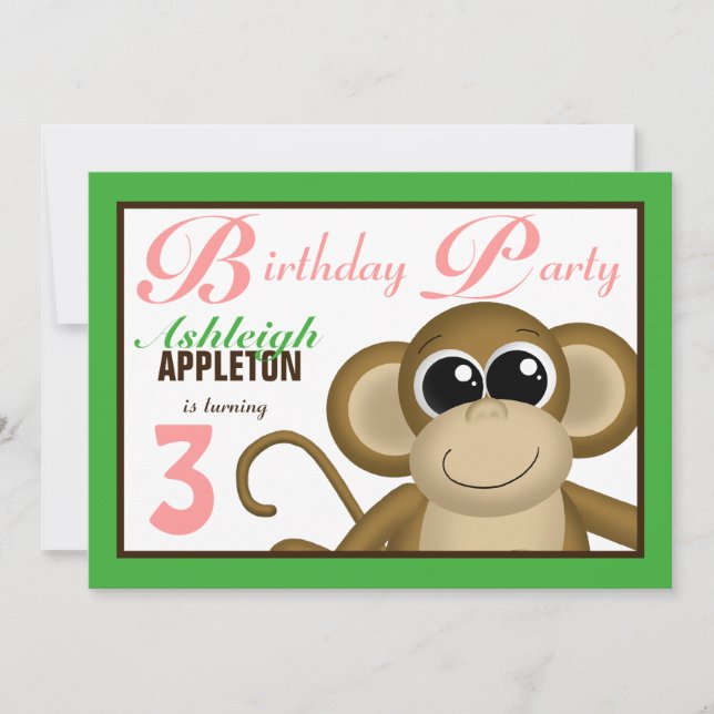 Cute Monkey Green Pink Birthday Party Invitations (Front)