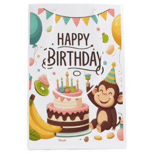 Cute Monkey Happy Birthday Party Cake Medium Gift Bag