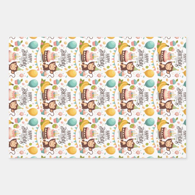 Cute Monkey Happy Birthday Party Cake Wrapping Paper Sheet (Front)