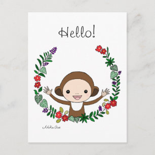 Cute Monkey Hello Postcard Monkey with Flowers Art