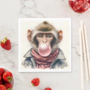 Cute Monkey In Scarf and Jacket Bubble Gum Napkin