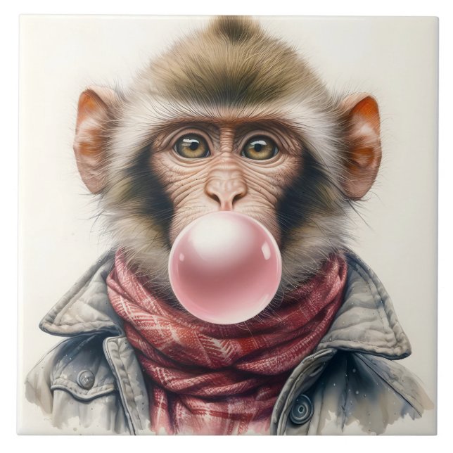 Cute Monkey In Scarf and Jacket Bubble Gum Tile (Front)
