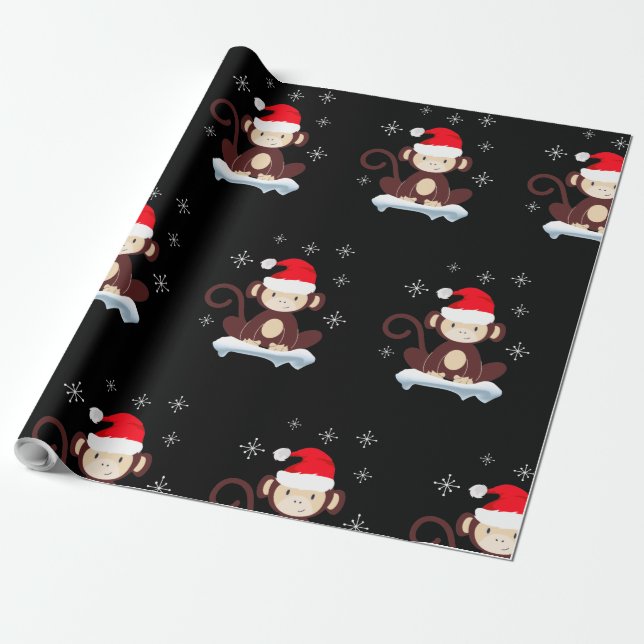 Cute monkey in the snow, merry christmas wrapping paper (Unrolled)